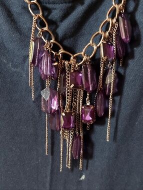 Vintage Gold-Tone Purple Crystal Fringe Necklace